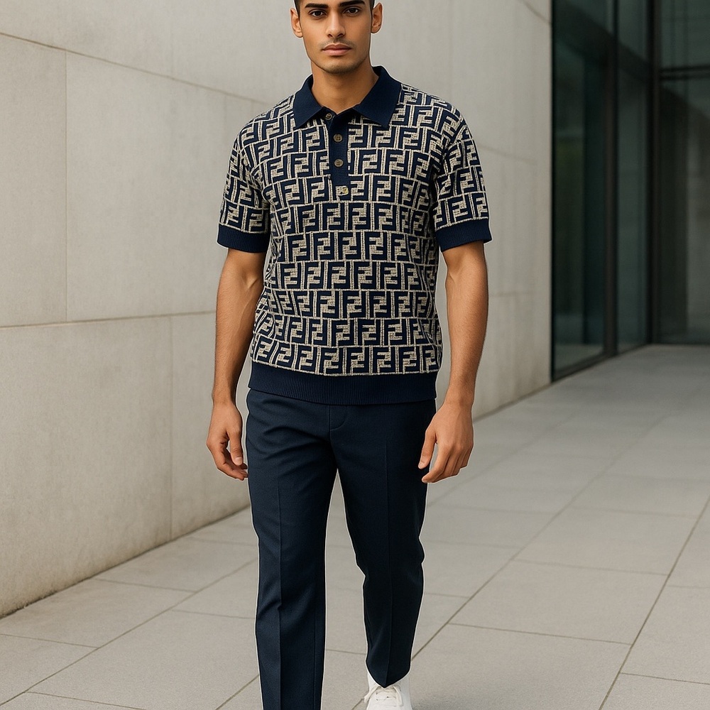 Fendi Navy and White Knit Polo